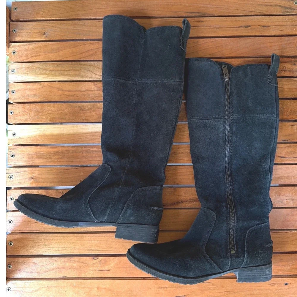 UGG Sorensen Waterproof Suede Tall Boots Womens 7.5 Black Knee High Lug Sole